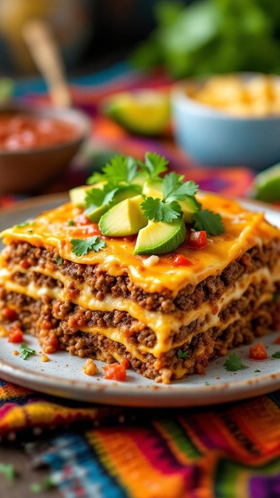 A colorful plate of Zesty Taco Lasagna topped with avocado and cilantro, showcasing layers of cheese and meat.