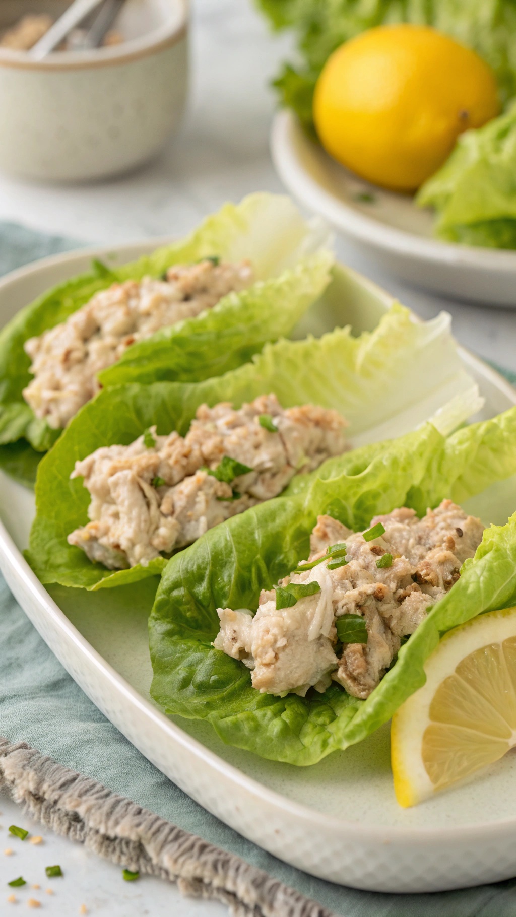 Lettuce wraps filled with zesty tuna salad, garnished with lemon slices.