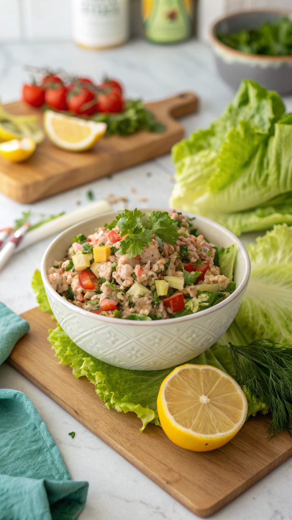 A bowl of zesty tuna salad with lettuce leaves and fresh ingredients like tomatoes and lemon on a wooden board.