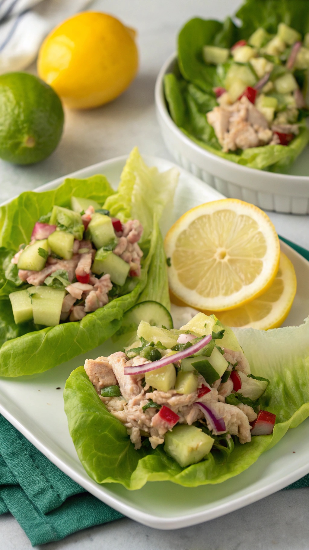 Zesty tuna salad lettuce wraps with fresh vegetables and lemon slices