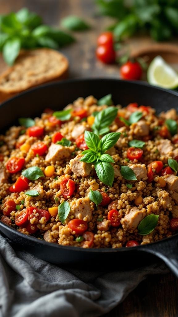 A colorful skillet filled with turkey, quinoa, cherry tomatoes, and basil.