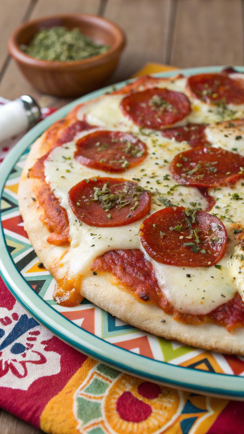 A delicious Zesty Turkey Pepperoni Protein Pizza topped with cheese and herbs on a colorful plate.