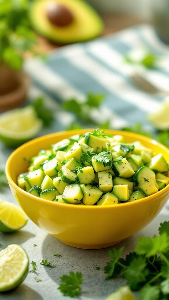 A vibrant cucumber salad with diced cucumbers and avocado in a yellow bowl, garnished with lime and cilantro.