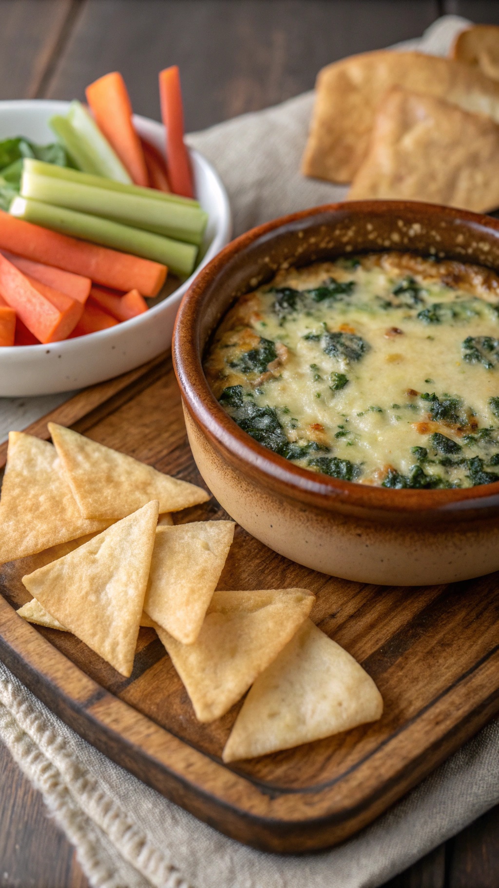 A bowl of zesty vegan spinach and artichoke dip with tortilla chips and fresh veggies on a wooden platter.