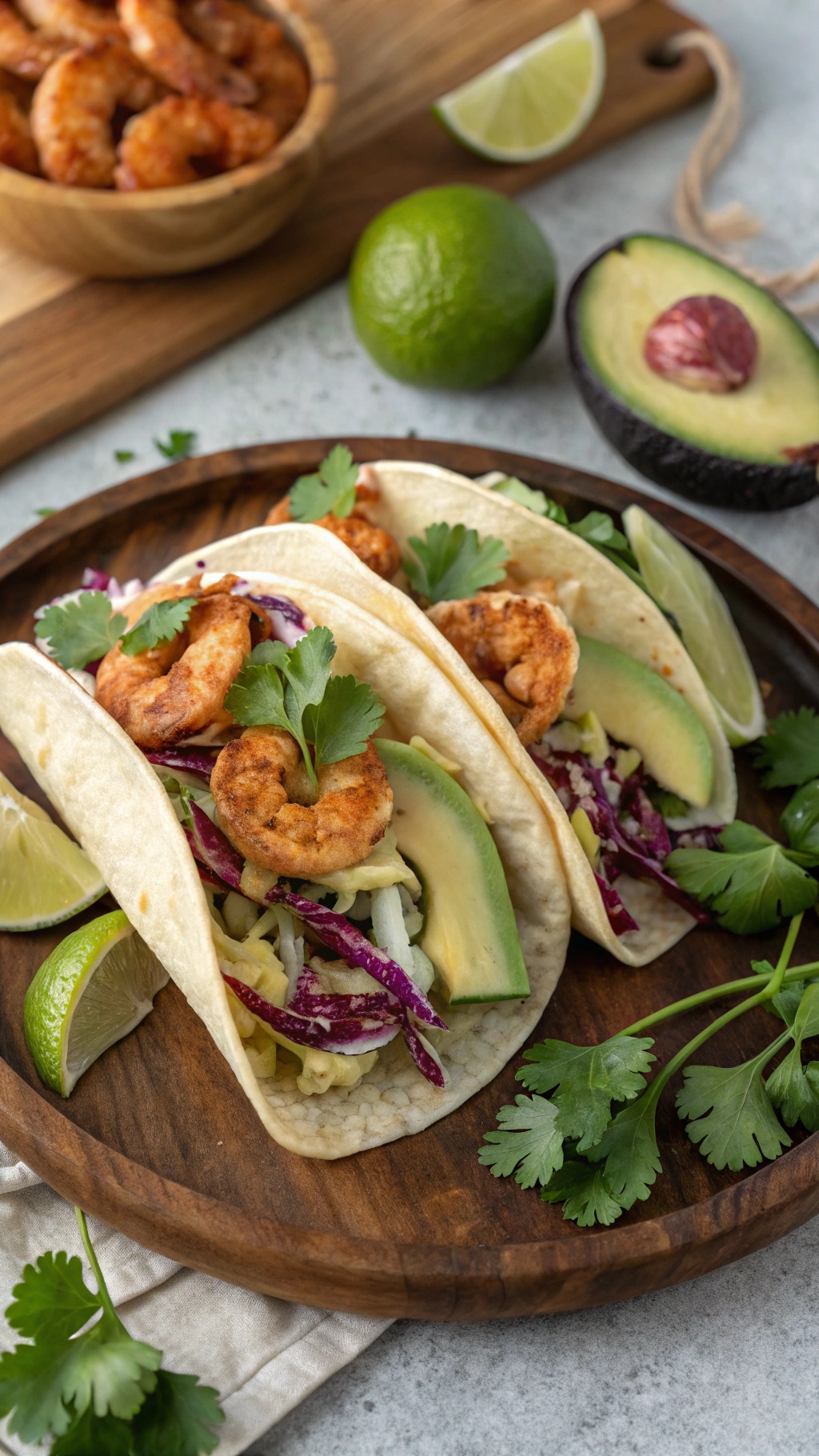 Zesty Whole30 shrimp tacos with avocado and lime on a wooden plate.