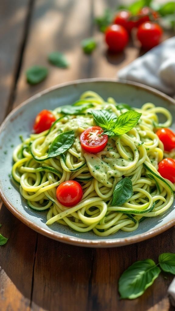 A plate of zesty zucchini noodles topped with avocado sauce, cherry tomatoes, and fresh basil.