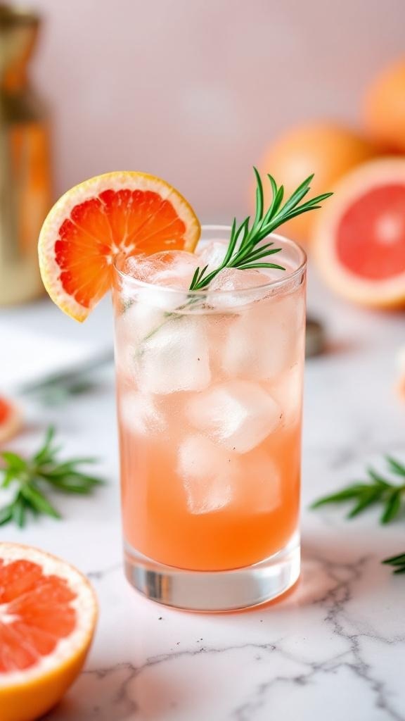 A refreshing grapefruit mocktail with ice, garnished with a slice of grapefruit and a sprig of rosemary.