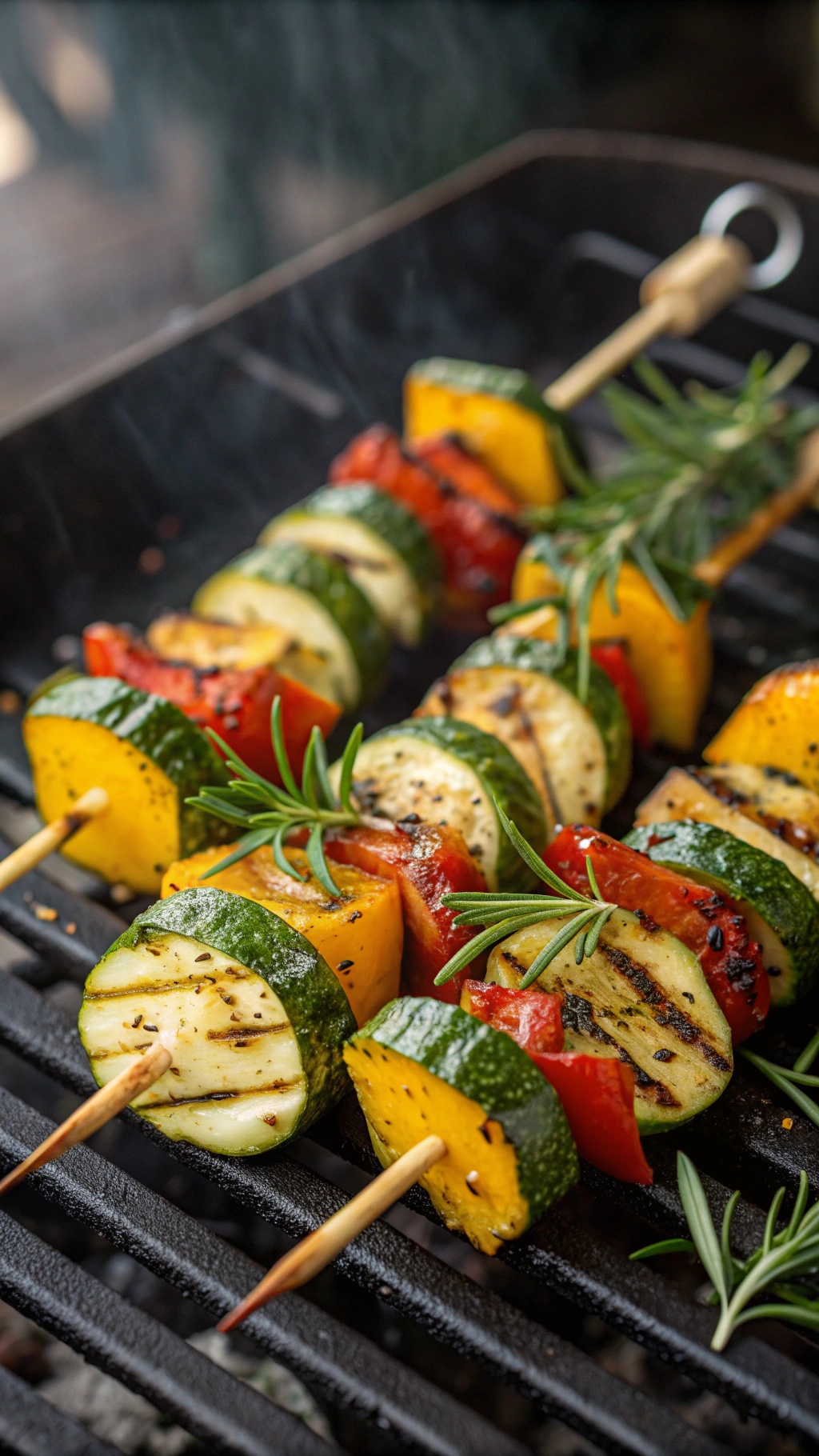 Grilled zucchini and bell pepper skewers on a grill