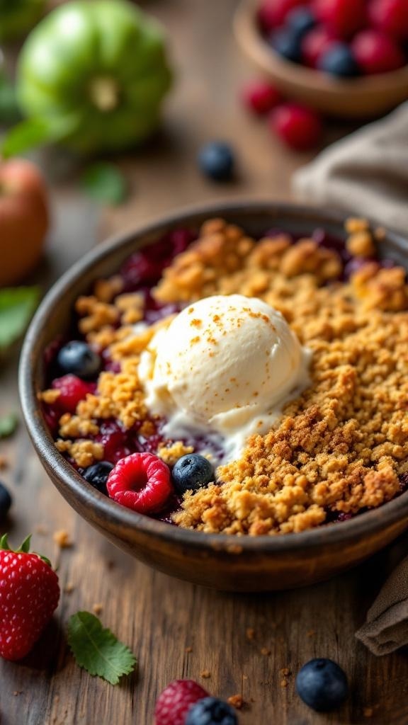 A delicious zucchini and berry crumble topped with ice cream, served in a wooden bowl.