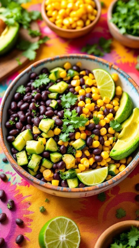 A colorful bowl of zucchini and black bean taco bowl with corn and lime wedges
