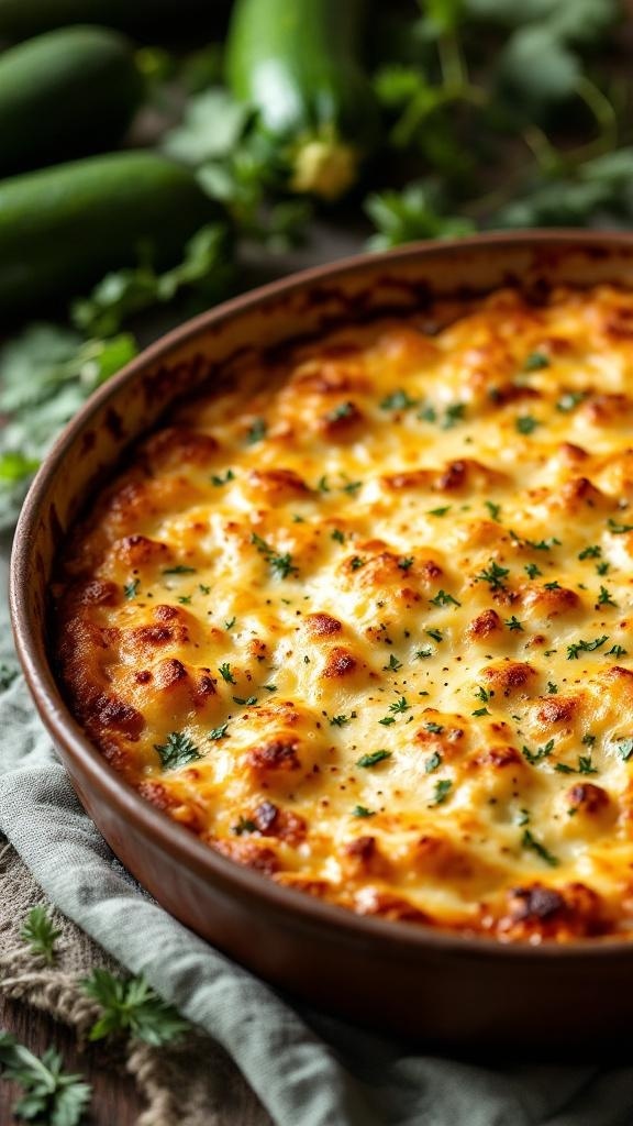 A delicious zucchini and cheese casserole, golden and bubbly, served in a round dish.