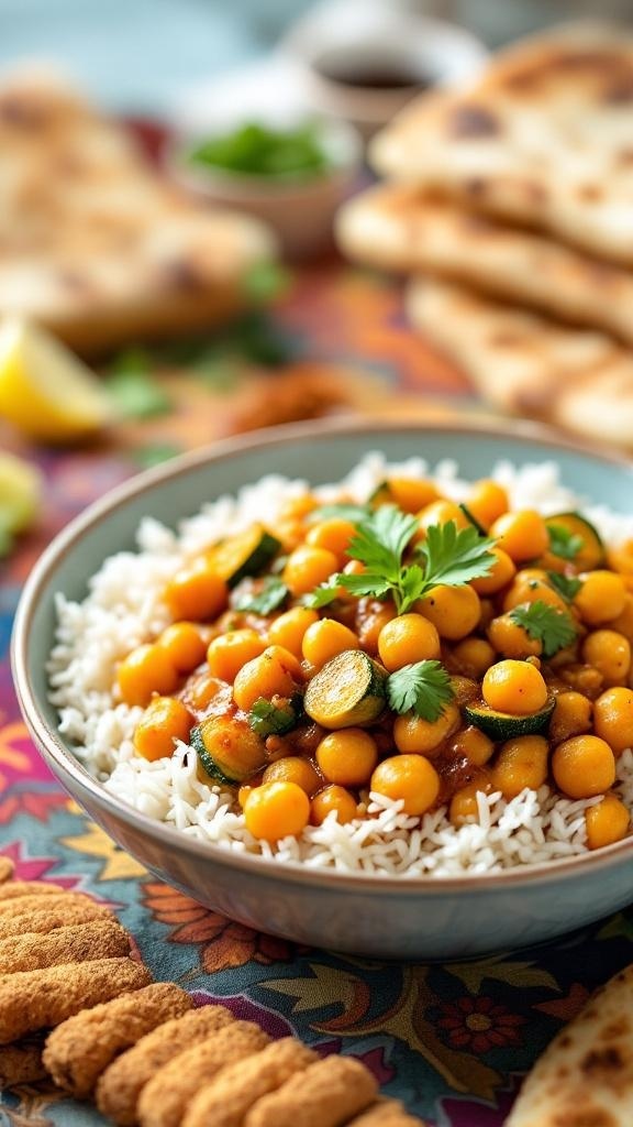 A bowl of zucchini and chickpea curry served over rice, with naan and spices in the background.