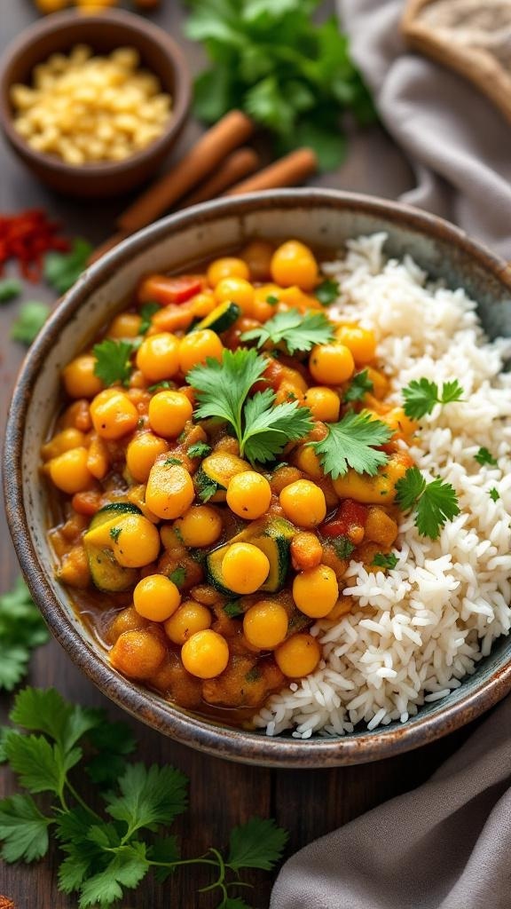 A bowl of zucchini and chickpea curry served with rice, garnished with cilantro.