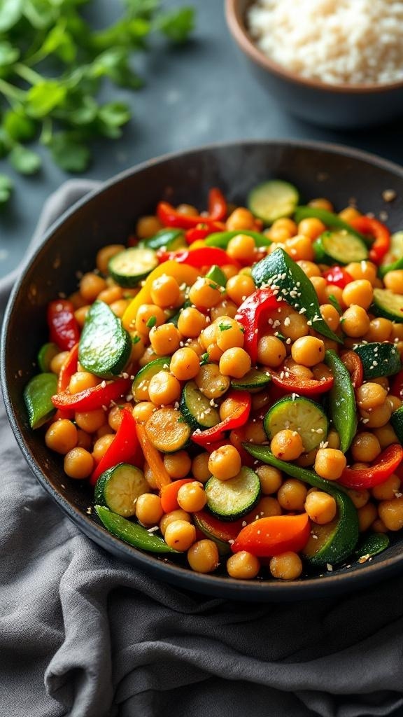 A colorful zucchini and chickpea stir-fry served in a bowl, garnished with sesame seeds.