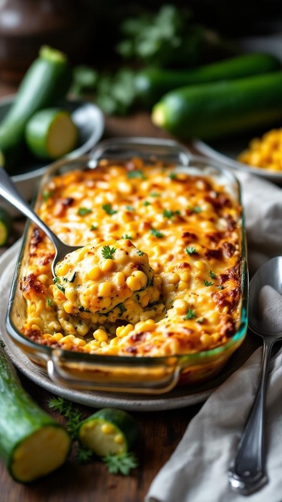 A delicious zucchini and corn casserole in a glass dish, topped with cheese and garnished with parsley, surrounded by fresh zucchini.