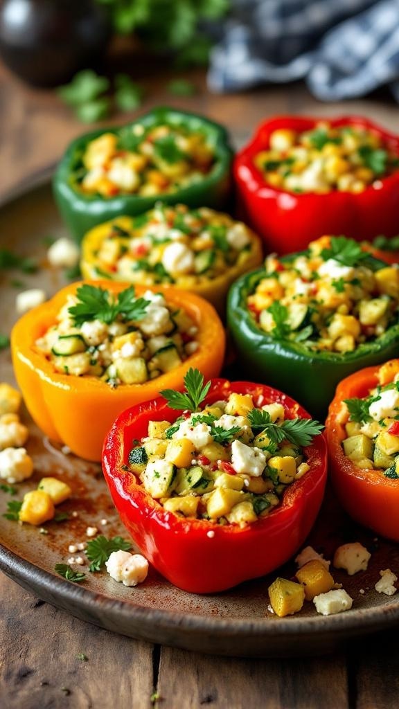 Colorful stuffed peppers filled with zucchini and feta cheese on a plate.