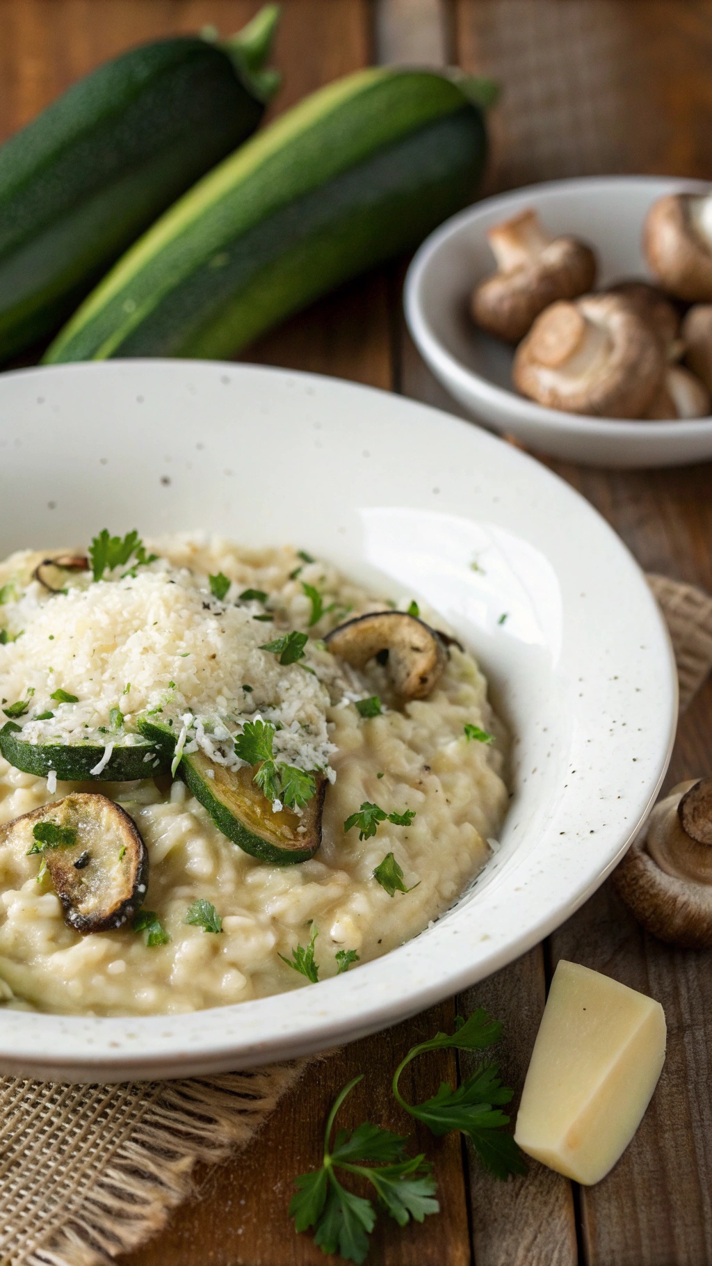 A bowl of zucchini and mushroom risotto topped with cheese and herbs, with fresh zucchini and mushrooms in the background.