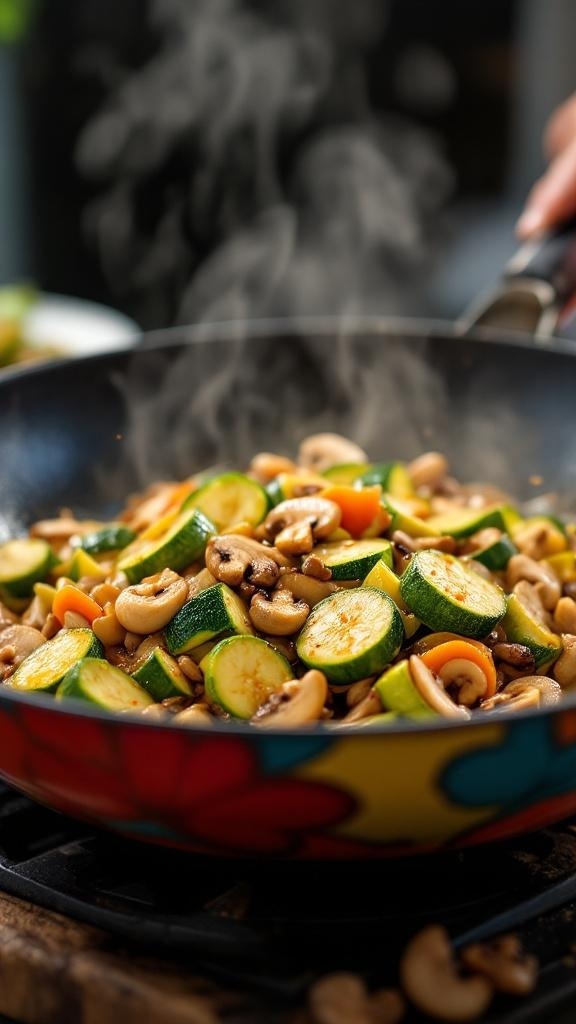 A colorful zucchini and mushroom stir-fry in a vibrant pan, steaming and ready to eat.