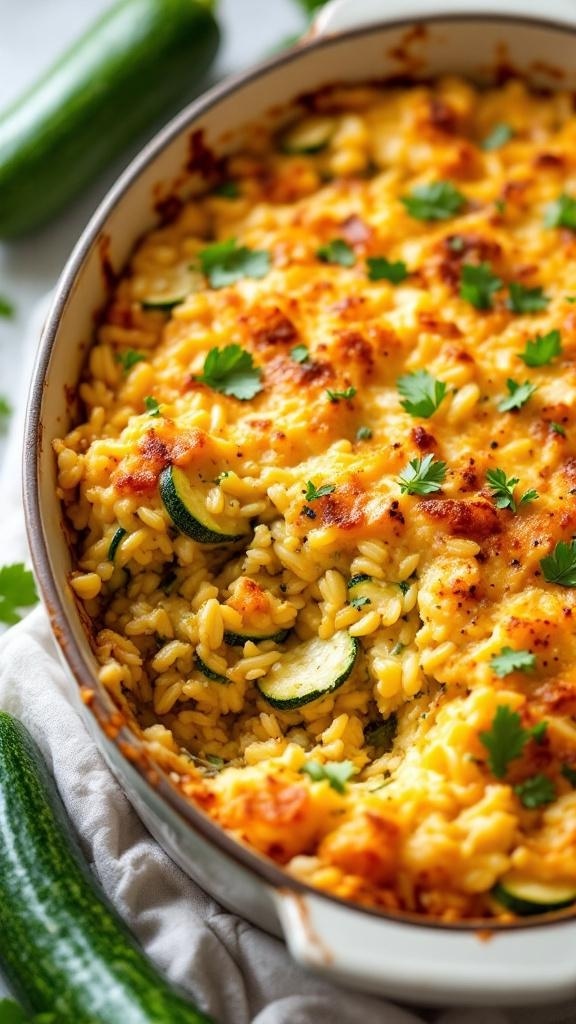 A delicious zucchini and rice casserole topped with cheese and garnished with parsley.