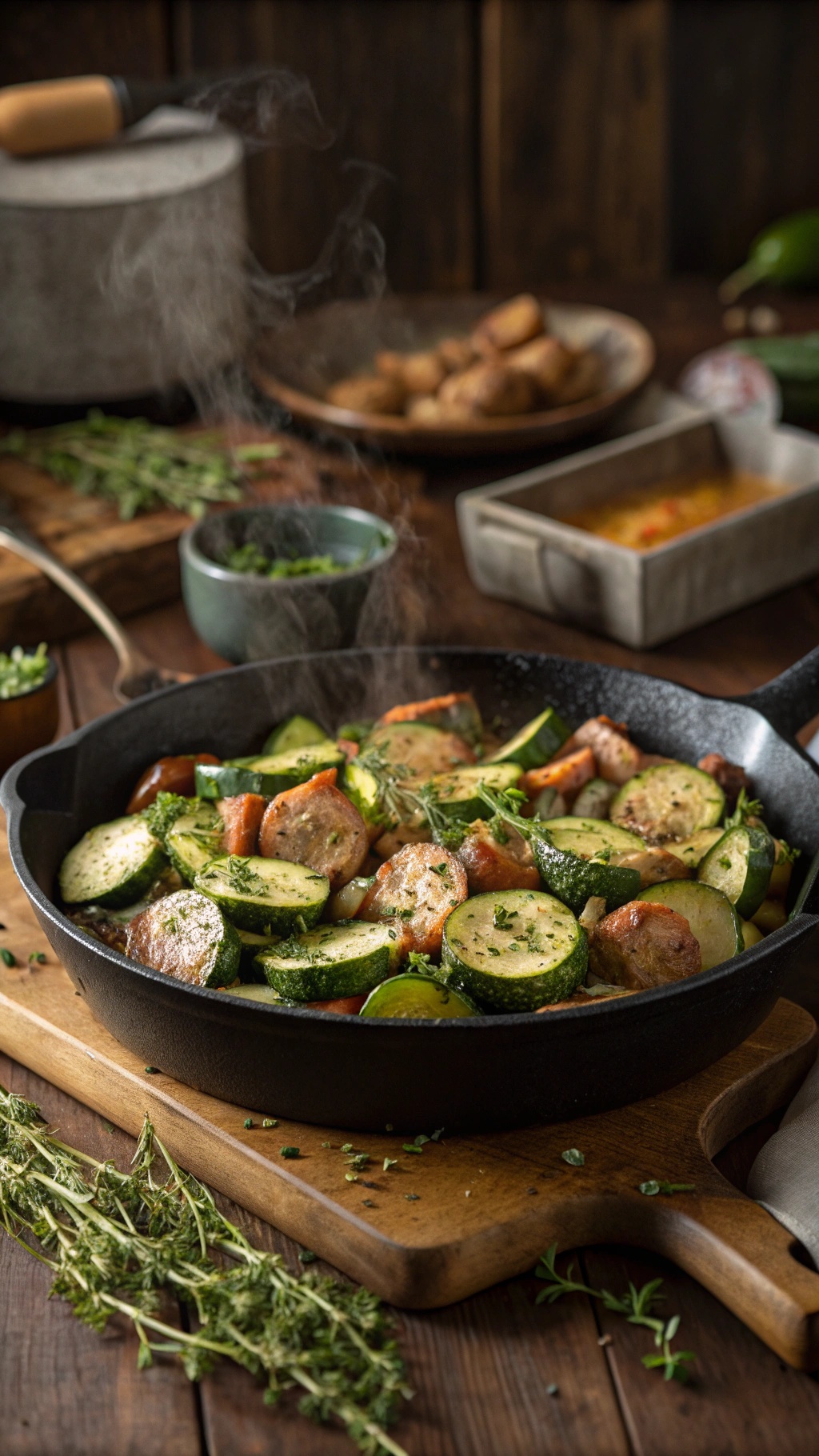 A skillet filled with zucchini and sausage, garnished with herbs, on a wooden table.