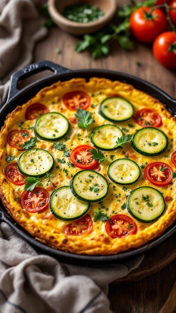 A delicious zucchini and tomato frittata bake, garnished with fresh parsley, displayed in a cast iron skillet.