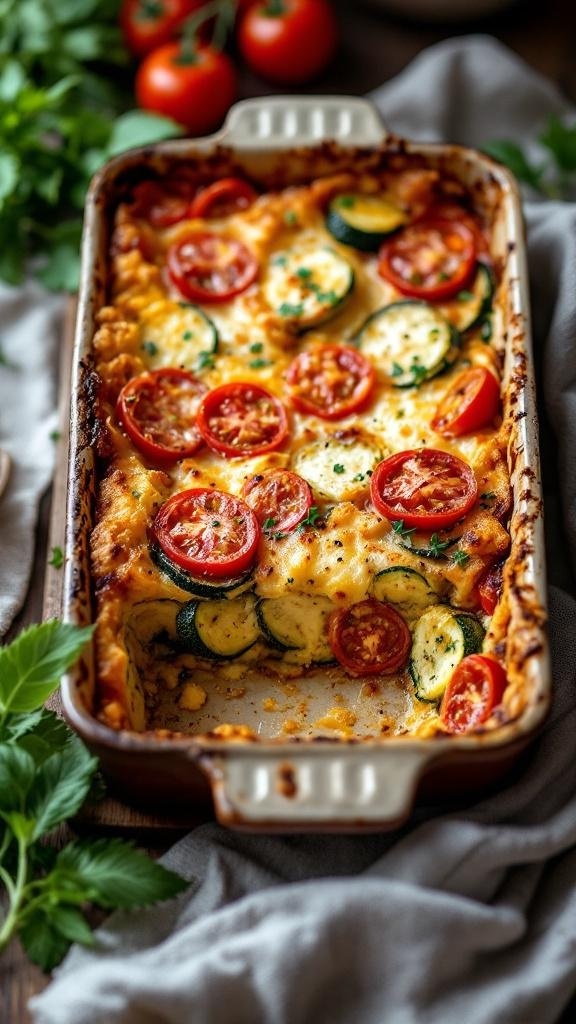 A delicious zucchini and tomato gratin with melted cheese, fresh herbs, and colorful layers of vegetables.