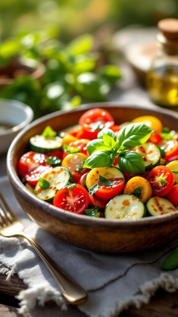 A bowl of fresh zucchini and tomato salad garnished with basil leaves