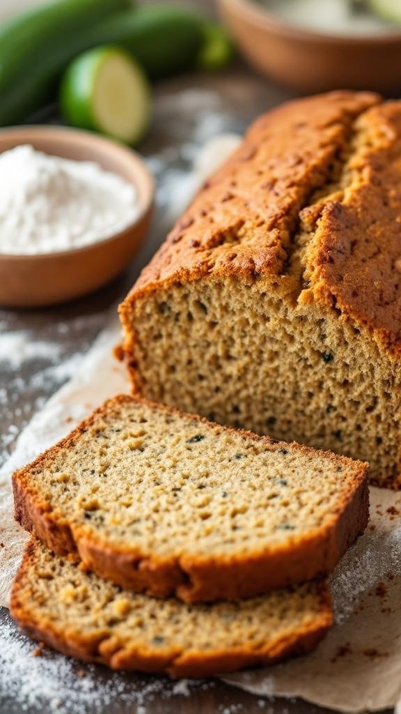A loaf of freshly baked zucchini bread with slices cut, surrounded by zucchini and flour.