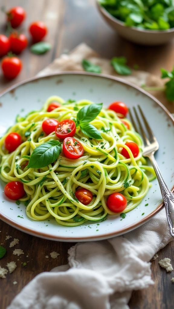 A plate of zucchini noodles topped with cherry tomatoes and basil leaves.