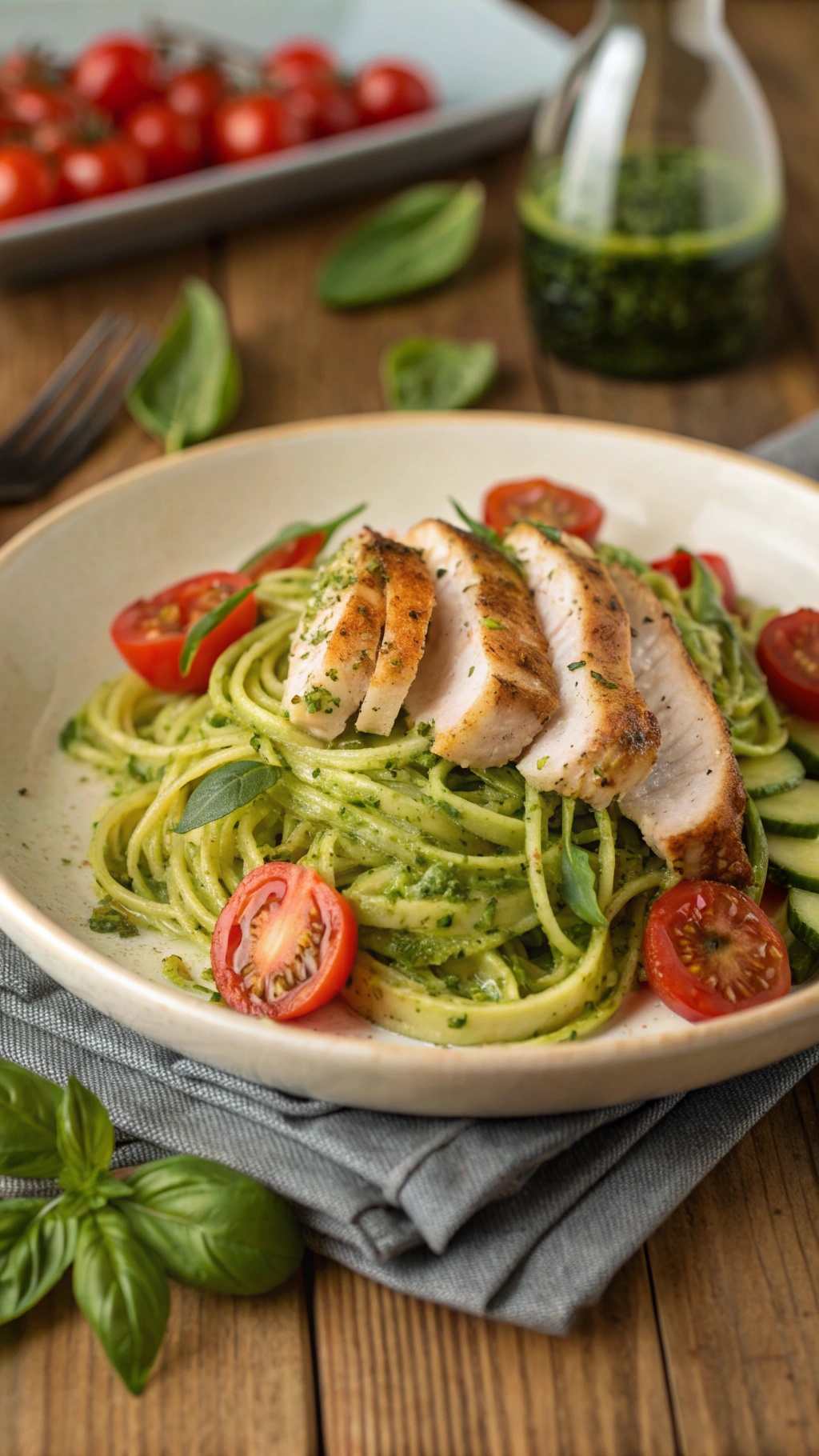A plate of zucchini noodles topped with pesto and grilled chicken, garnished with cherry tomatoes.