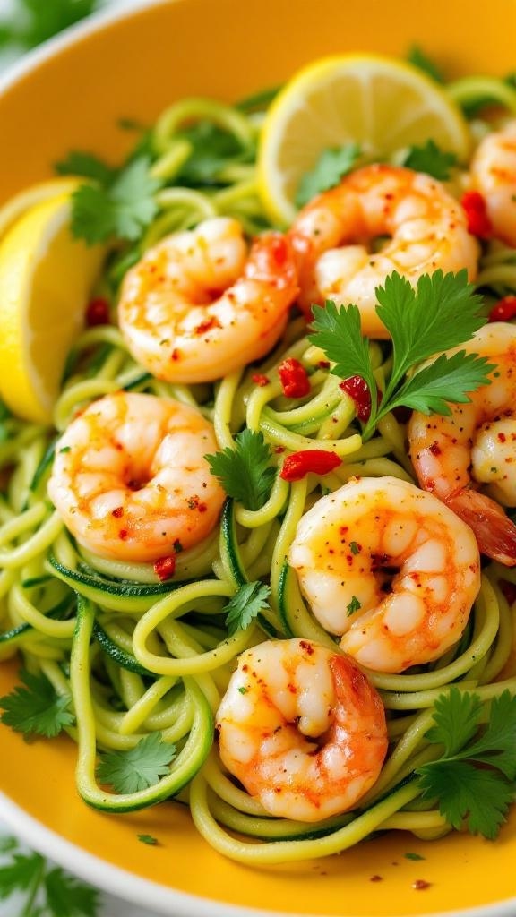 A colorful bowl of zucchini noodles topped with spicy shrimp, garnished with lemon slices and fresh cilantro.
