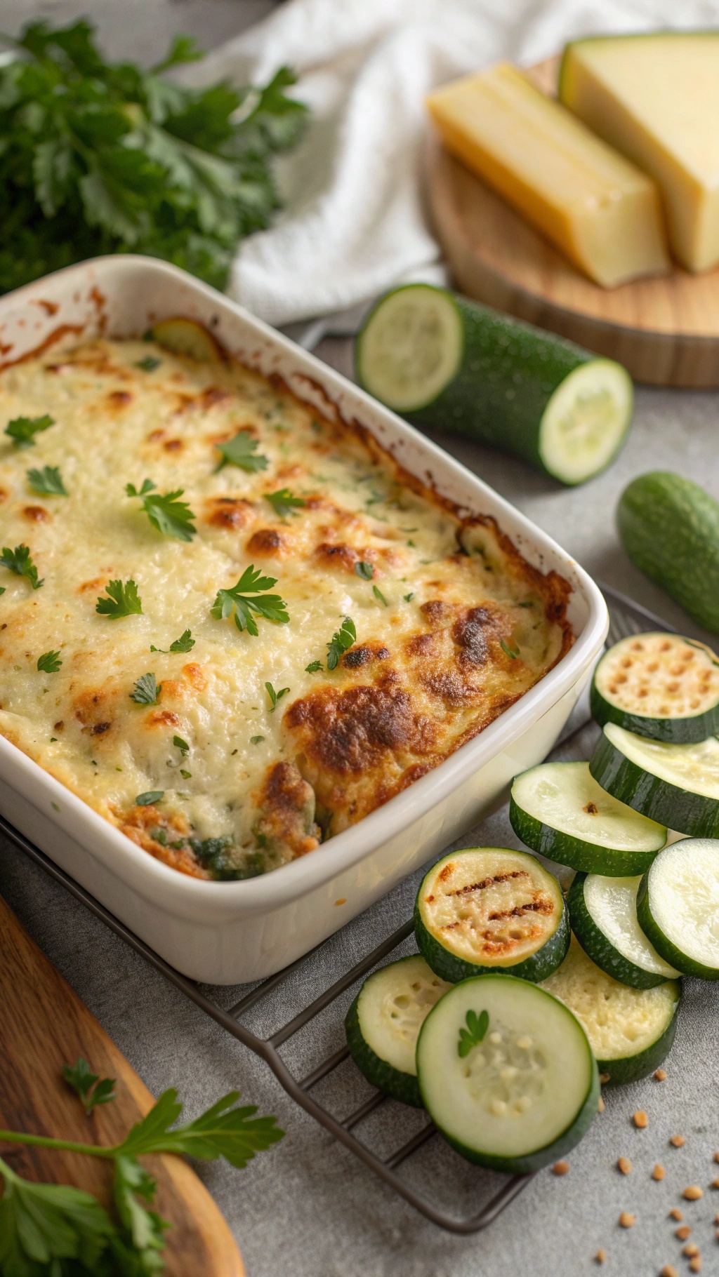 A delicious zucchini parmesan bake with fresh herbs and sliced zucchini on the side.