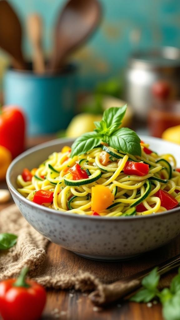 A bowl of Zucchini Pasta Primavera with colorful vegetables and fresh basil.