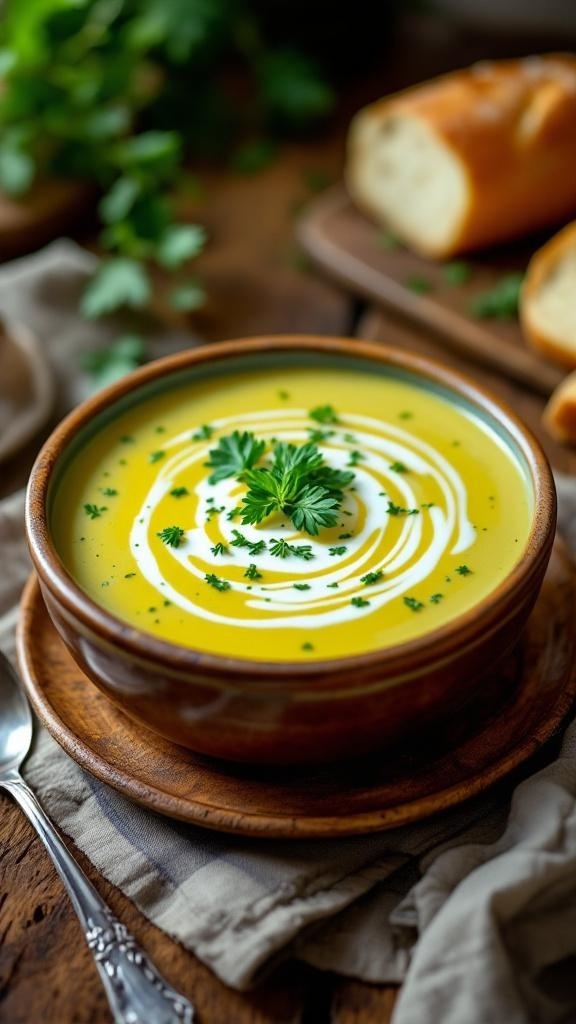 A bowl of creamy zucchini soup garnished with herbs, served with bread on the side.