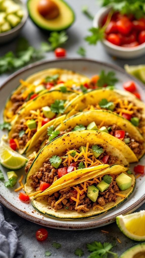 Zucchini tacos filled with ground meat, topped with cheese, tomatoes, and avocado.