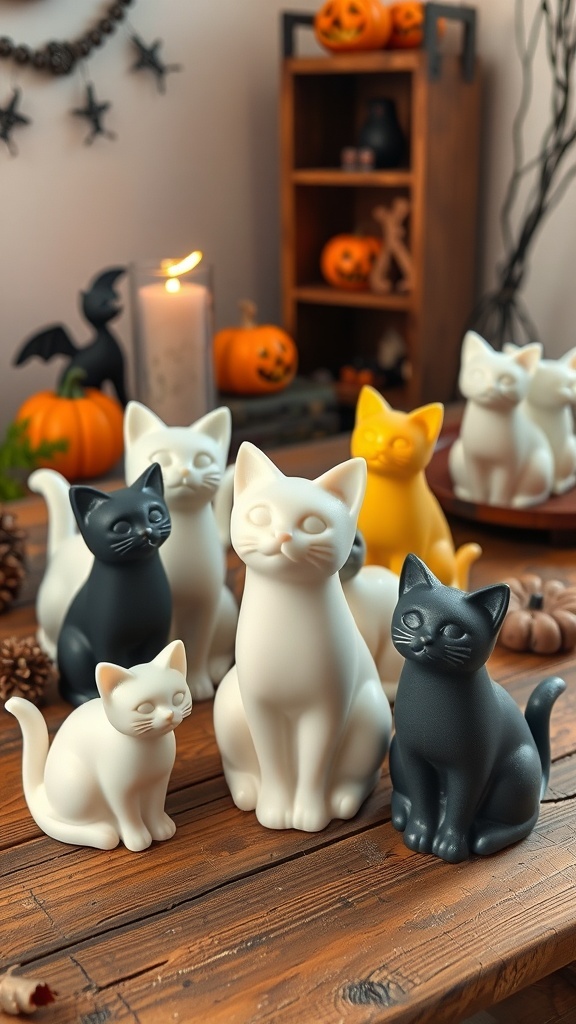 A collection of 3D cat-shaped soy candles in various colors, including black, white, and yellow, displayed on a wooden table with Halloween decorations.