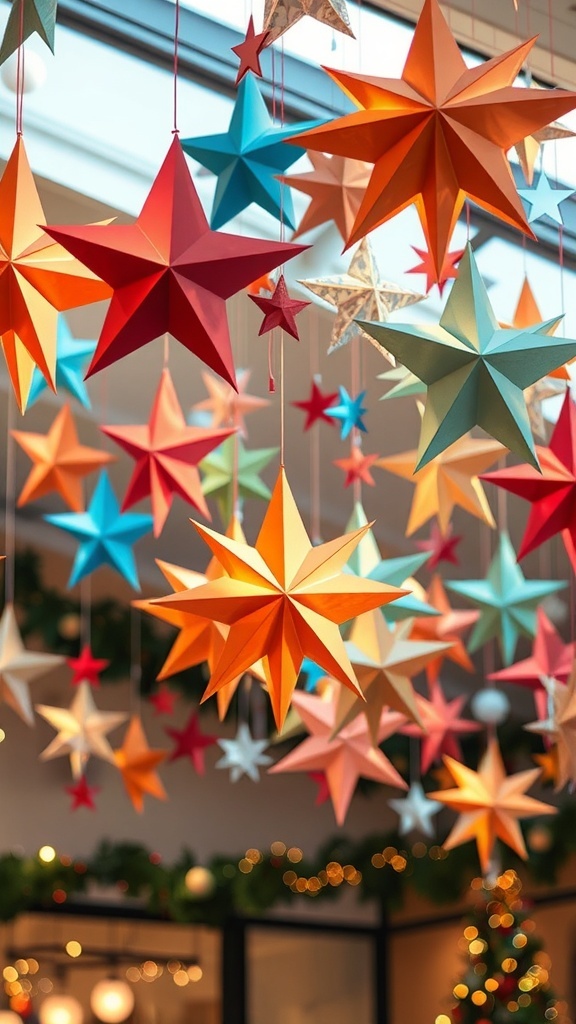 Colorful 3D paper stars hanging from the ceiling, creating a festive atmosphere
