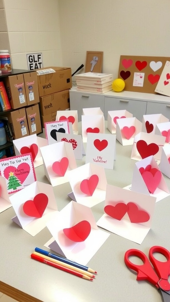 A classroom table filled with colorful 3D pop-up Valentine cards, featuring hearts and cheerful messages.
