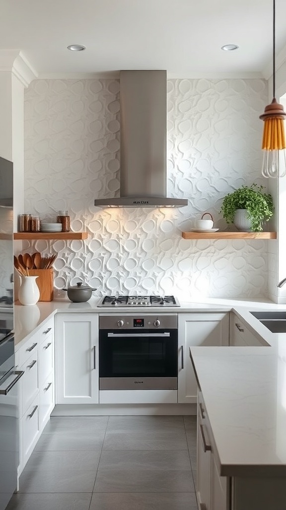 A modern kitchen with a 3D sculpted tile backsplash, featuring soft curves and a sleek design.