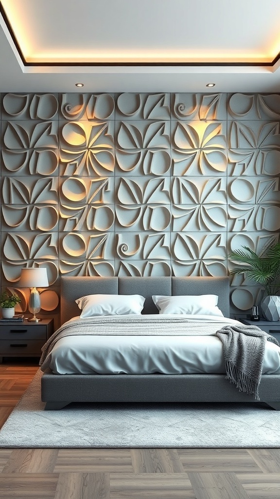 modern bedroom with 3D wall panels in a textured design