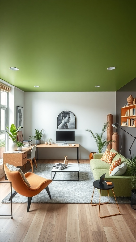 A modern home office with a green ceiling, light walls, wooden furniture, and colorful accents.