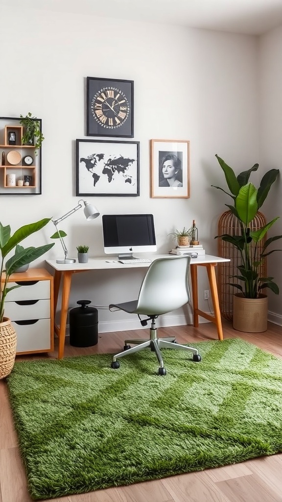 A cozy home office featuring a green rug, white desk, and plants.