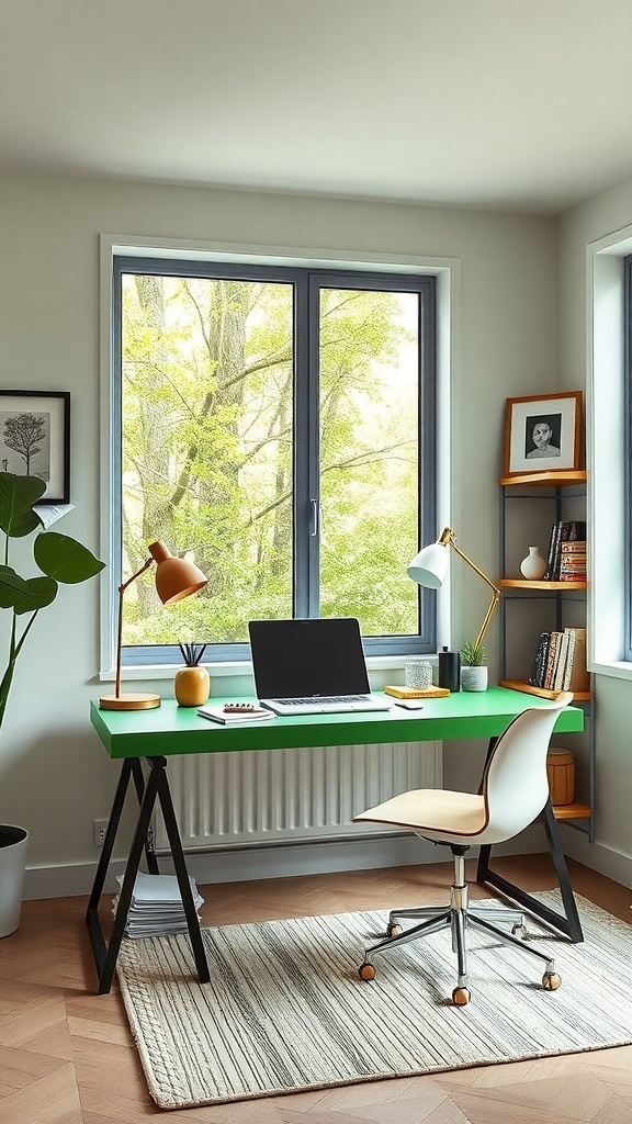A bright green desk in a modern home office with natural light and minimal decor.
