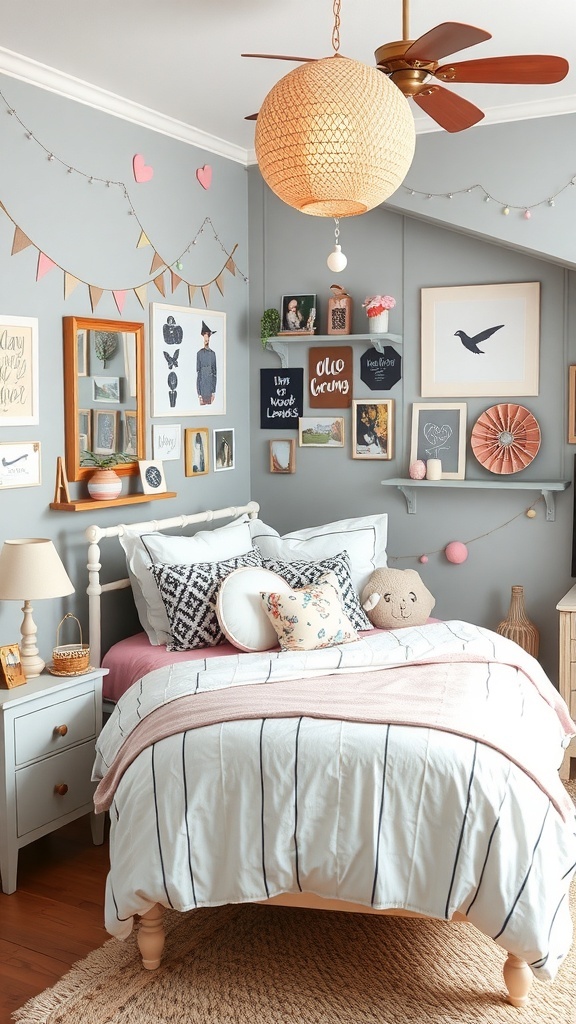 A cozy bedroom featuring a pink bed frame, soft bedding, fairy lights, and a gallery wall with various artworks.