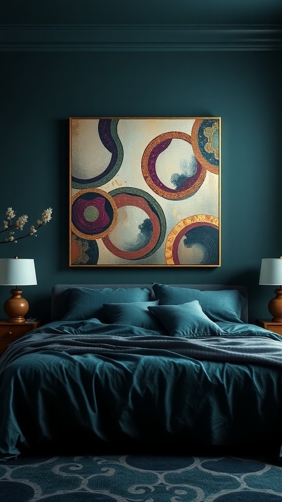 A dark teal bedroom featuring abstract artwork with circular patterns in gold and purple, creating a sophisticated contrast.