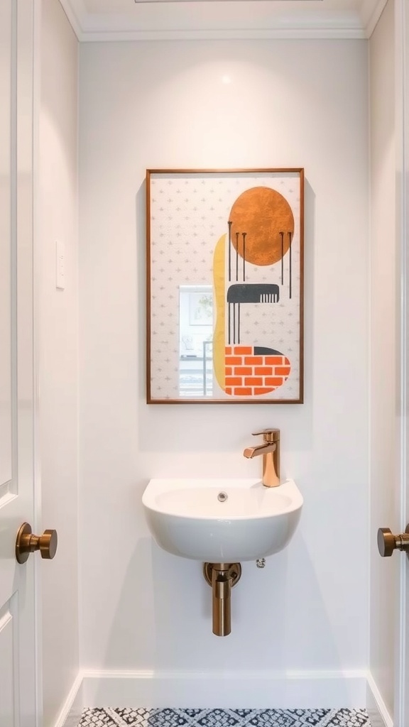 Abstract art piece in a stylish powder room featuring geometric shapes and warm colors.