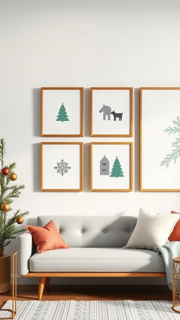 A cozy living room featuring abstract Christmas art in frames, a modern sofa, and a decorated Christmas tree.