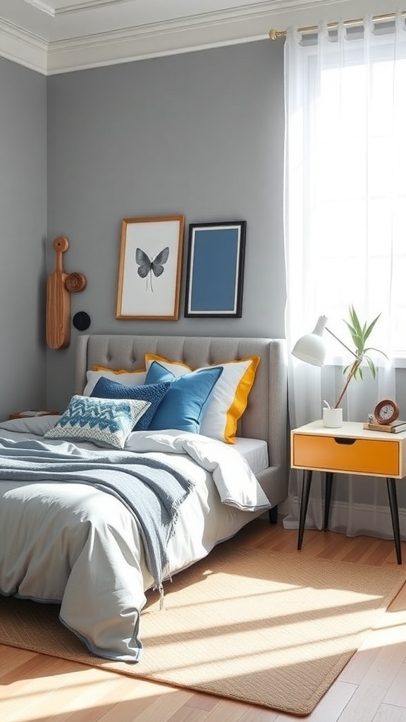 A stylish bedroom featuring gray walls, blue bedding, and yellow accents.
