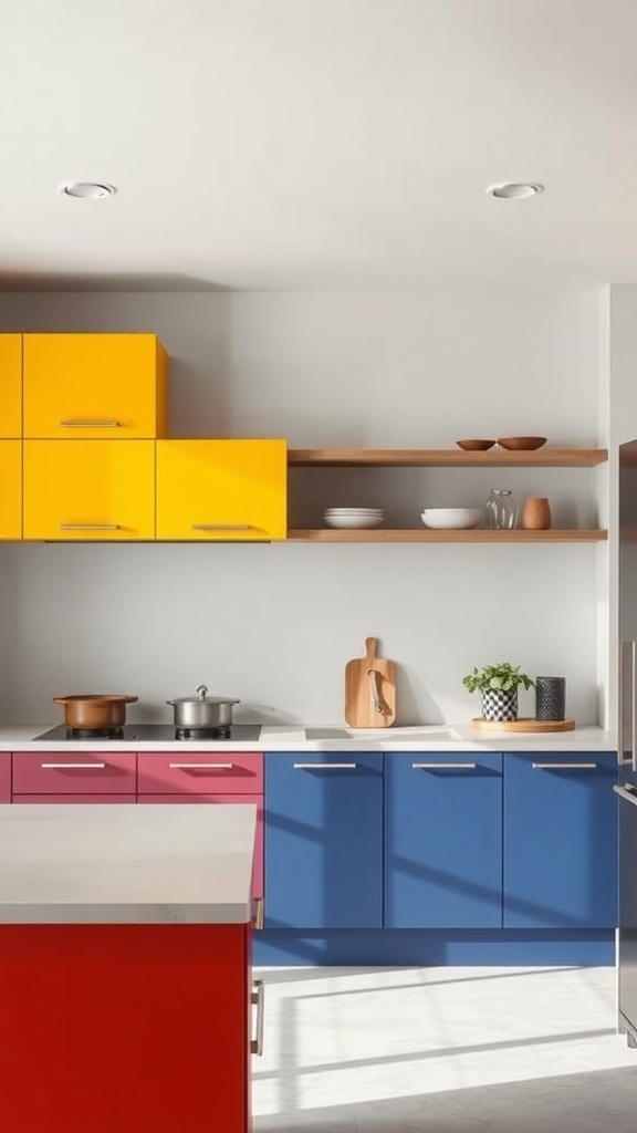 A modern kitchen featuring colorful lower cabinets in yellow, pink, and blue.
