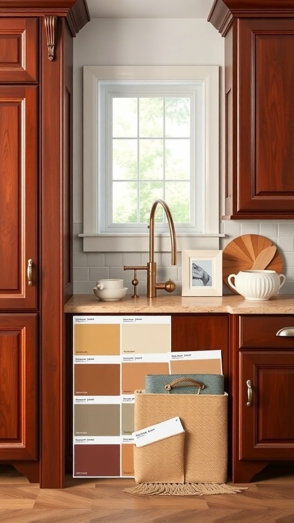 A kitchen with cherry cabinets and color swatches for accent colors